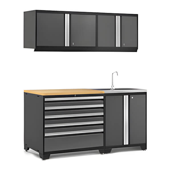 NewAge Garage Cabinets PRO Series Grey 5-Piece Set with Bamboo Top-55999-Garage Giant