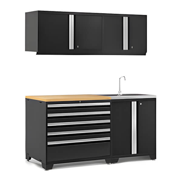 NewAge Garage Cabinets PRO Series Black 5-Piece Set with Bamboo Top-64341-Garage Giant