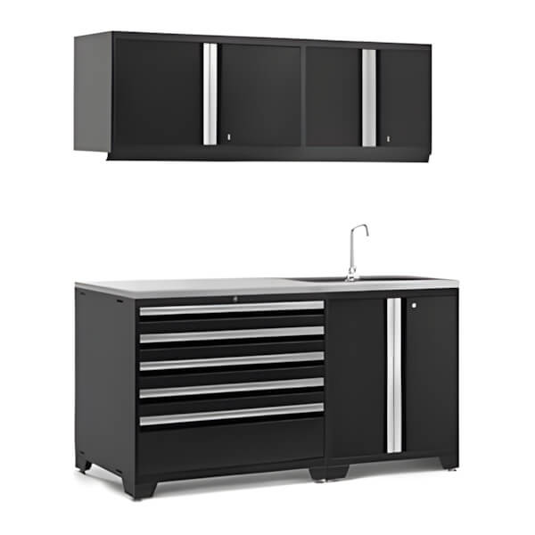 NewAge Garage Cabinets PRO Series Black 5-Piece Set with Stainless Steel Top-64342-Garage Giant