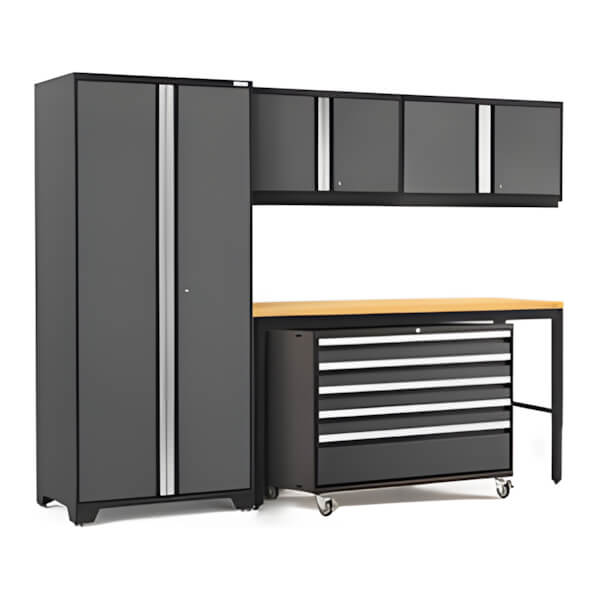 NewAge Garage Cabinets PRO Series Grey 5-Piece Set with Bamboo Top-56860-Garage Giant