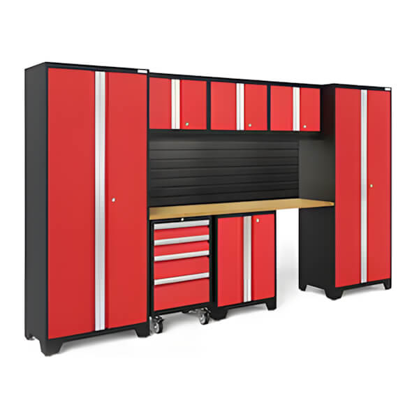 NewAge Garage Cabinets BOLD Series Red 8-Piece Set with Bamboo Top, Backsplash, LED Lights-40433-Garage Giant