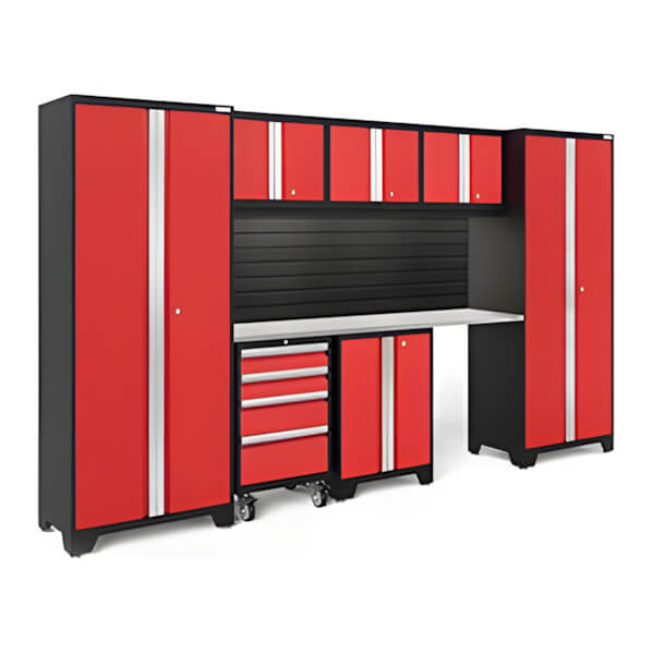 NewAge Garage Cabinets BOLD Series Red 8-Piece Set with Stainless Top, Backsplash, LED Lights-40432-Garage Giant