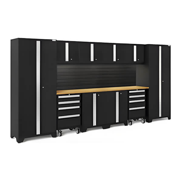 NewAge Garage Cabinets BOLD Series Black 12-Piece Set with Bamboo Top, Backsplash, LED Lights-40458-Garage Giant