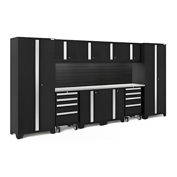 NewAge Garage Cabinets BOLD Series Black 12-Piece Set with Stainless Steel Top, Backsplash, LED Lights-40459-Garage Giant