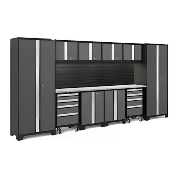 NewAge Garage Cabinets BOLD Series Grey 12-Piece Set with Stainless Top, Backsplash, LED Lights-40429-Garage Giant