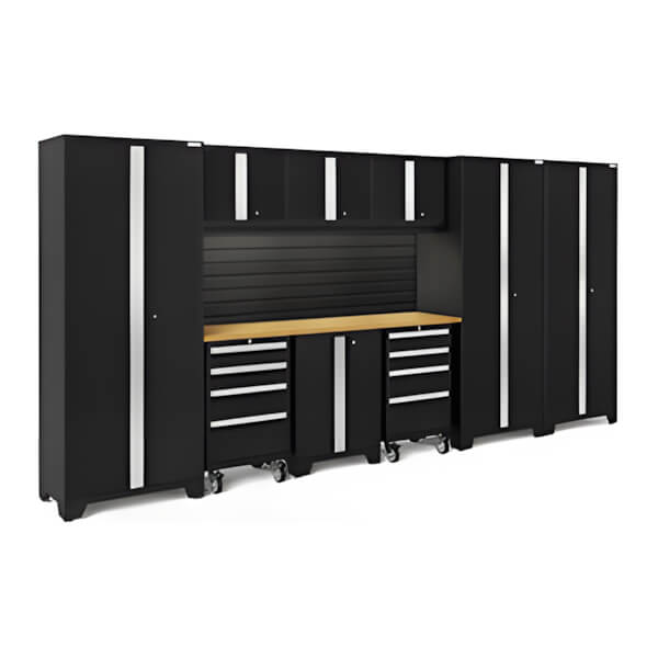 NewAge Garage Cabinets BOLD Series Black 10-Piece Set with Bamboo Top, Backsplash, LED Lights-40460-Garage Giant