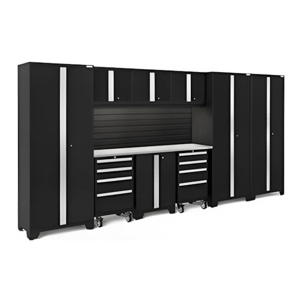 NewAge Garage Cabinets BOLD Series Black 10-Piece Set with Stainless Top, Backsplash, LED Lights-40461-Garage Giant