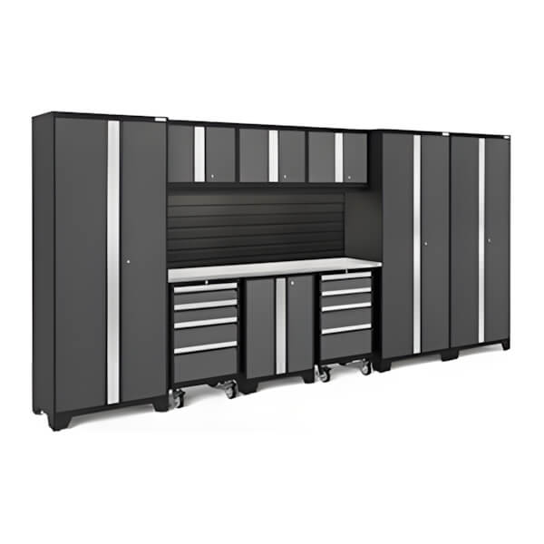 NewAge Garage Cabinets BOLD Series Grey 10-Piece Set with Stainless Top, Backsplash, LED Lights-40431-Garage Giant