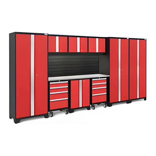NewAge Garage Cabinets BOLD Series Red 10-Piece Set with Stainless Top, Backsplash, LED Lights-40439-Garage Giant