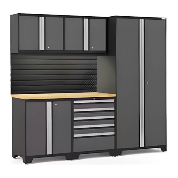 NewAge Garage Cabinets PRO Series Grey 6-Piece Set with Bamboo Top, Slatwall and LED Lights-40440-Garage Giant