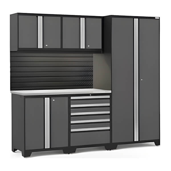 NewAge Garage Cabinets PRO Series Grey 6-Piece Set with Stainless Steel Top, Slatwall and LED Lights-40441-Garage Giant