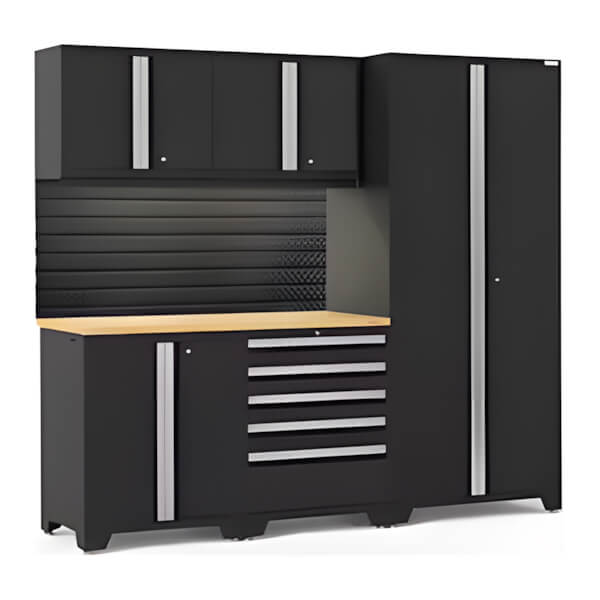 NewAge Garage Cabinets PRO Series Black 6-Piece Set with Bamboo Top, Slatwall and LED Lights-40462-Garage Giant