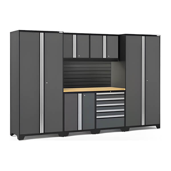 NewAge Garage Cabinets PRO Series Grey 7-Piece Set with Bamboo Top, Slatwall and LED Lights-40442-Garage Giant