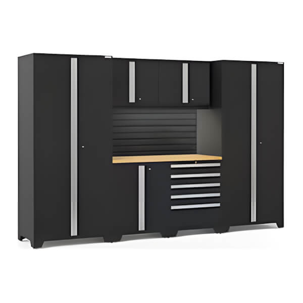 NewAge Garage Cabinets PRO Series Black 7-Piece Set with Bamboo Top, Slatwall and LED Lights-40464-Garage Giant