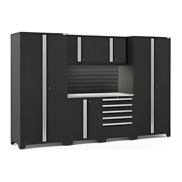 NewAge Garage Cabinets PRO Series Black 7-Piece Set with Stainless Steel Top, Slatwall and LED Lights-40465-Garage Giant