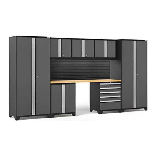 NewAge Garage Cabinets PRO Series Grey 8-Piece Set with Bamboo Top, Slatwall and LED Lights-40444-Garage Giant