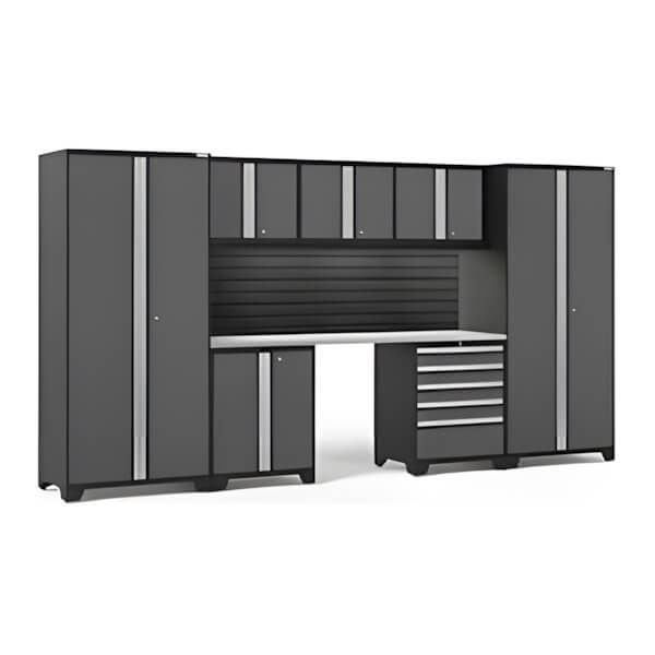 NewAge Garage Cabinets PRO Series Grey 8-Piece Set with Stainless Steel Top, Slatwall and LED Lights-40445-Garage Giant