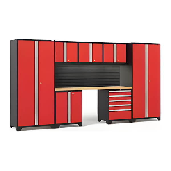 NewAge Garage Cabinets PRO Series Red 8-Piece Set with Bamboo Top, Slatwall and LED Lights-40451-Garage Giant