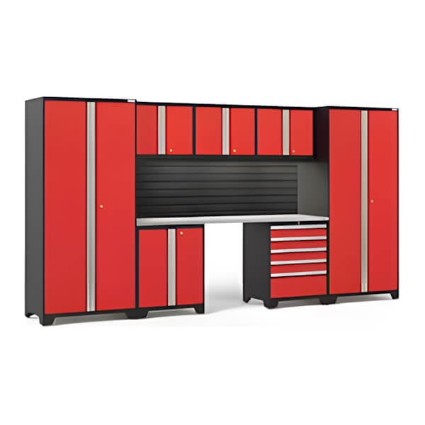 NewAge Garage Cabinets PRO Series Red 8-Piece Set with Stainless Steel Top, Slatwall and LED Lights-40452-Garage Giant