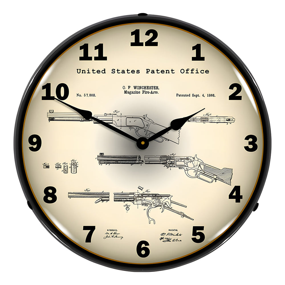 1866 Winchester Lever Action Rifle Patent Blueprint Backlit Wall Clock
