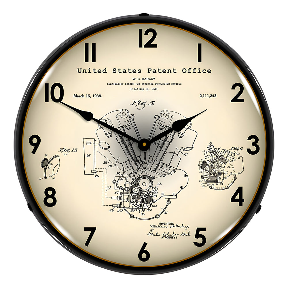 Collectable Sign and Clock 1938 Harley Davidson Knucklehead Patent Blueprint Backlit Wall Clock-21031200-Garage Giant