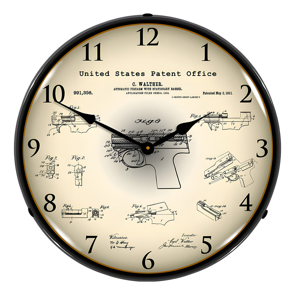 Collectable Sign and Clock 1911 Walther PPK Patent Blueprint Backlit Wall Clock-21031210-Garage Giant