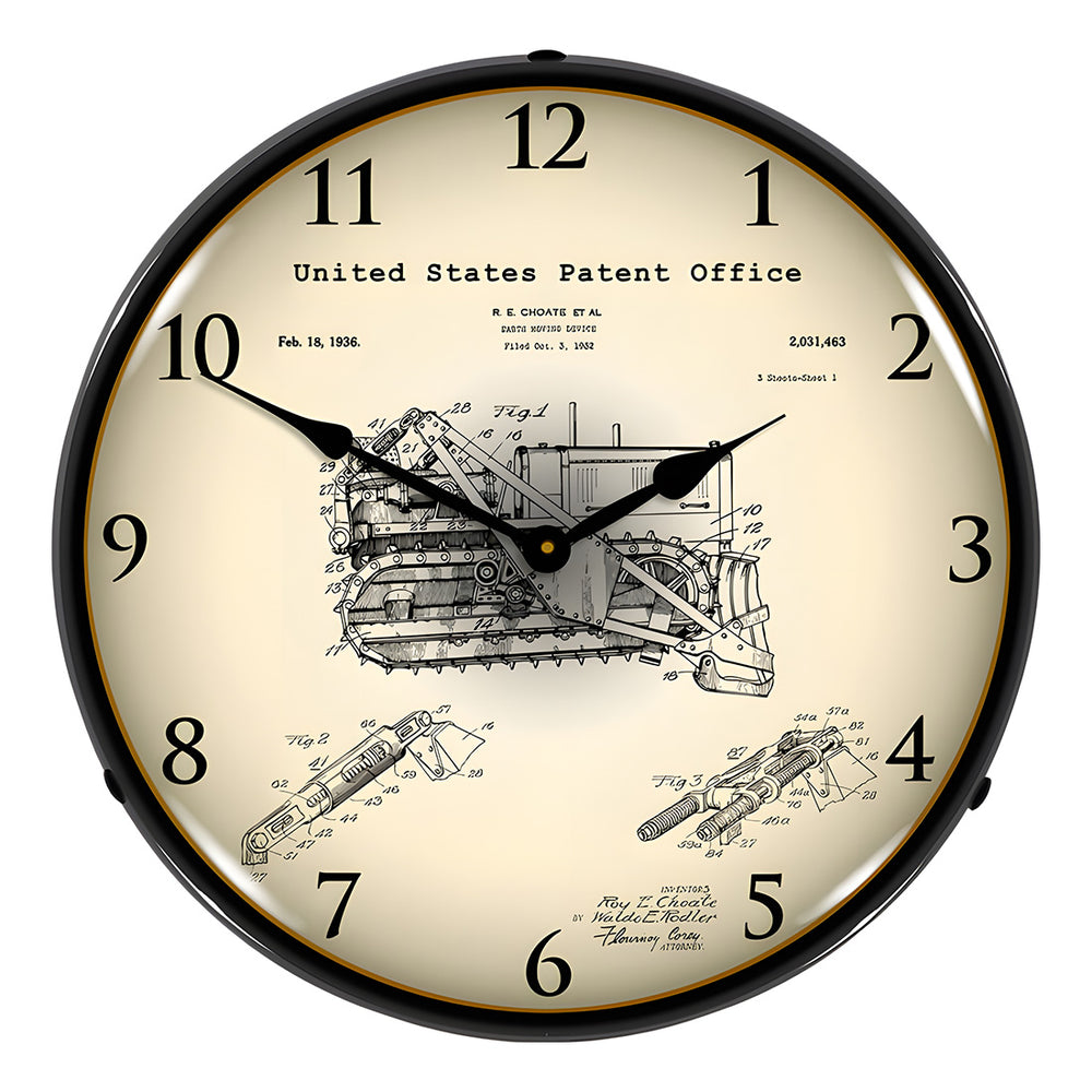 Collectable Sign and Clock 1936 Earth Moving Bulldozer Patent Blueprint Backlit Wall Clock-21031212-Garage Giant