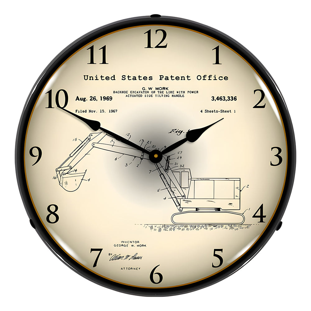 Collectable Sign and Clock 1969 Backhoe Excavator Patent Blueprint Backlit Wall Clock-2103219-Garage Giant