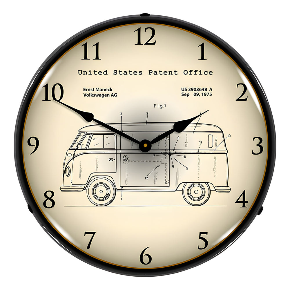 Collectable Sign and Clock 1975 Volkswagen Bus Patent Blueprint Backlit Wall Clock-2103221-Garage Giant