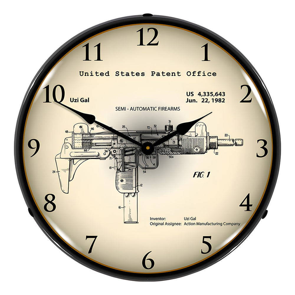 Collectable Sign and Clock 1982 Uzi Submachine Gun Patent Blueprint Backlit Wall Clock-2103222-Garage Giant