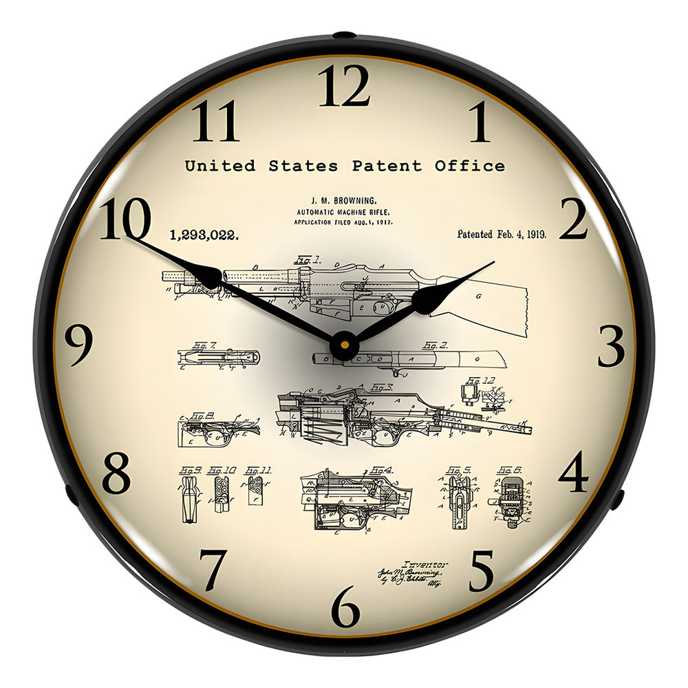 Collectable Sign and Clock 1919 B.A.R. Browning Automatic Rifle Patent Blueprint Backlit Wall Clock
