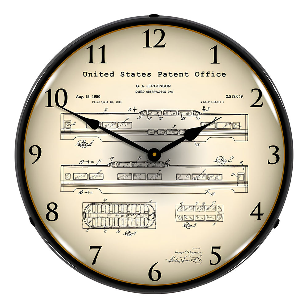 Collectable Sign and Clock 1946 Railroad Domed Observation Train Car Patent Blueprint Backlit Wall Clock-2103236-Garage Giant