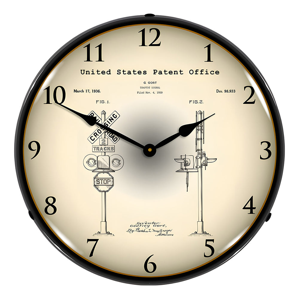 Collectable Sign and Clock 1935 Railroad Train Crossing Signal Patent Blueprint Backlit Wall Clock-2103237-Garage Giant