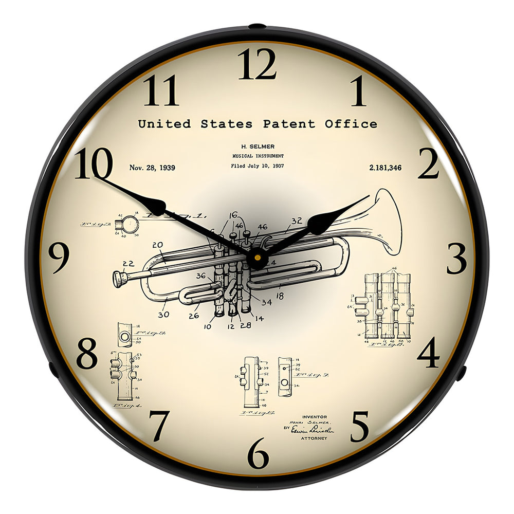 Collectable Sign and Clock 1937 Trumpet Patent Blueprint Backlit Wall Clock-2103238-Garage Giant