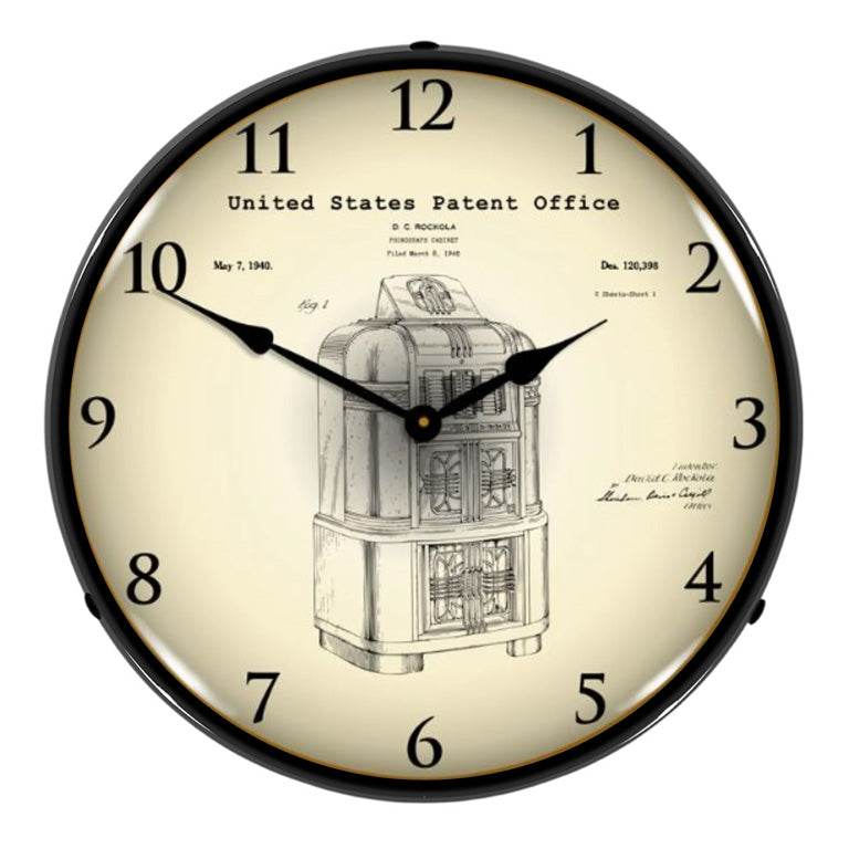 Collectable Sign and Clock 1940 Rockola Jukebox Patent Blueprint Backlit Wall Clock-2103239-Garage Giant