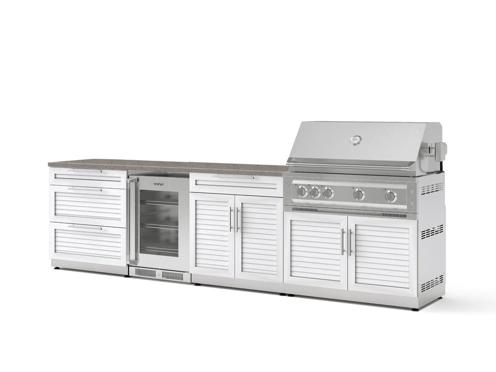 NewAge Outdoor Kitchens Stainless Steel 7-Piece Cabinet Set with 3-Drawer, Bar, Grill Cabinet, Platinum Grill, Countertop, and Glass Door Fridge-73709-Garage Giant