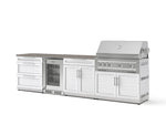 NewAge Outdoor Kitchens Stainless Steel 7-Piece Cabinet Set with 3-Drawer, Bar, Grill Cabinet, Platinum Grill, Countertop, and Glass Door Fridge-73709-Garage Giant 