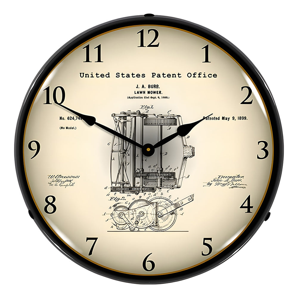 Collectable Sign and Clock 1898 J.A. Burr Lawn Mower Patent Blueprint Backlit Wall Clock-22041283-Garage Giant