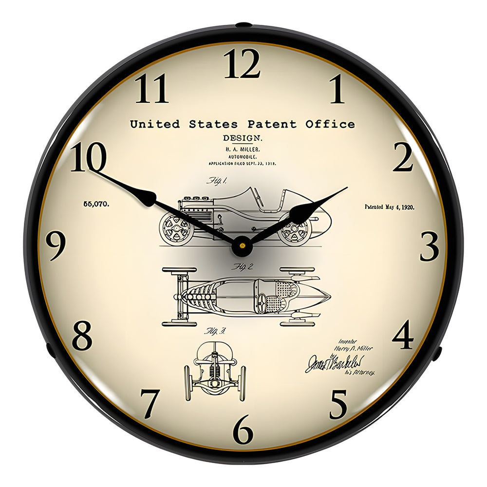 Collectable Sign and Clock 1920 H.A. Miller Race Car Patent Blueprint Backlit Wall Clock-22041284-Garage Giant