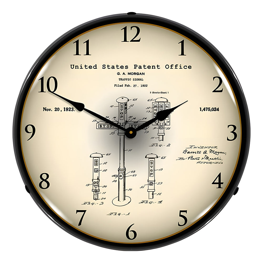 Collectable Sign and Clock 1922 First Traffic Signal G.A. Morgan Patent Blueprint Backlit Wall Clock-22041285-Garage Giant