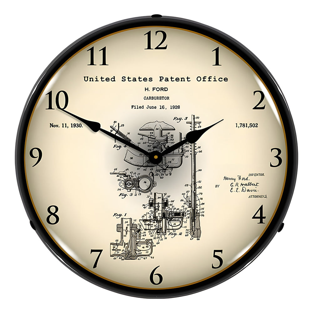 Collectable Sign and Clock 1928 Henry Ford Carburetor Patent Blueprint Backlit Wall Clock-22041287-Garage Giant