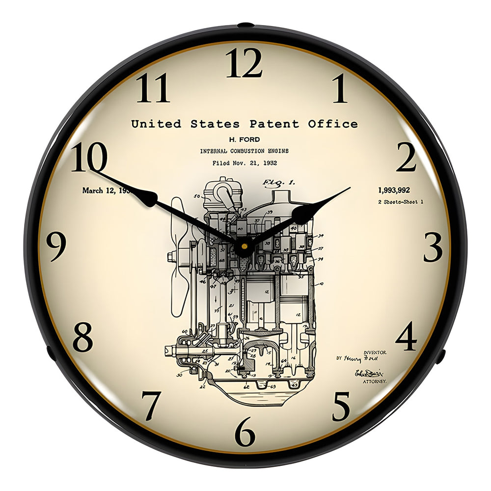 Collectable Sign and Clock 1932 Henry Ford Engine Patent Blueprint Backlit Wall Clock-22041290-Garage Giant