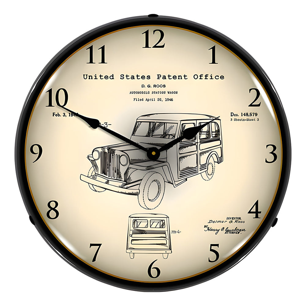 Collectable Sign and Clock 1946 Willys Jeep Station Wagon Patent Blueprint Backlit Wall Clock-22041294-Garage Giant