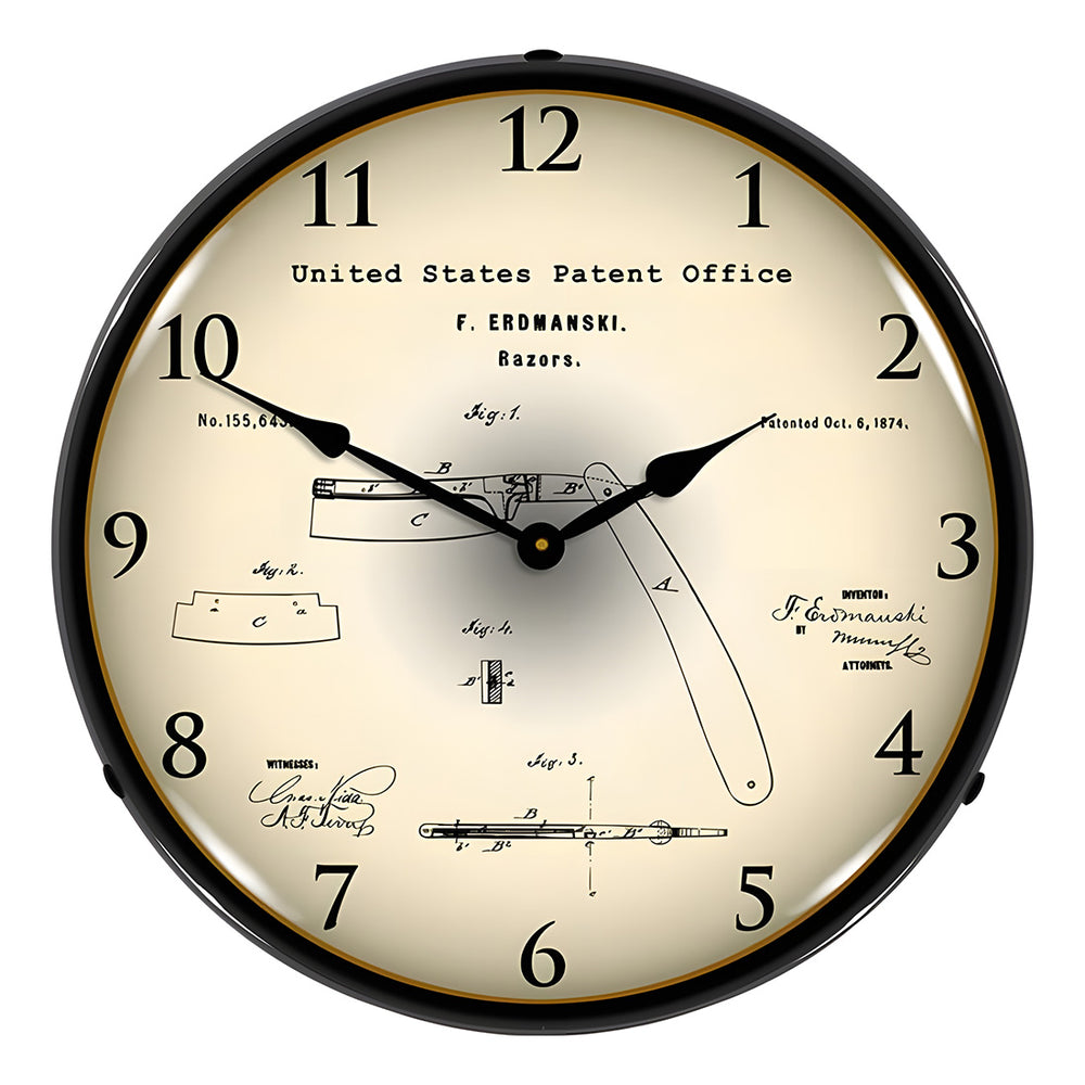Collectable Sign and Clock 1874 Straight Razor Patent Blueprint Backlit Wall Clock-22041306-Garage Giant