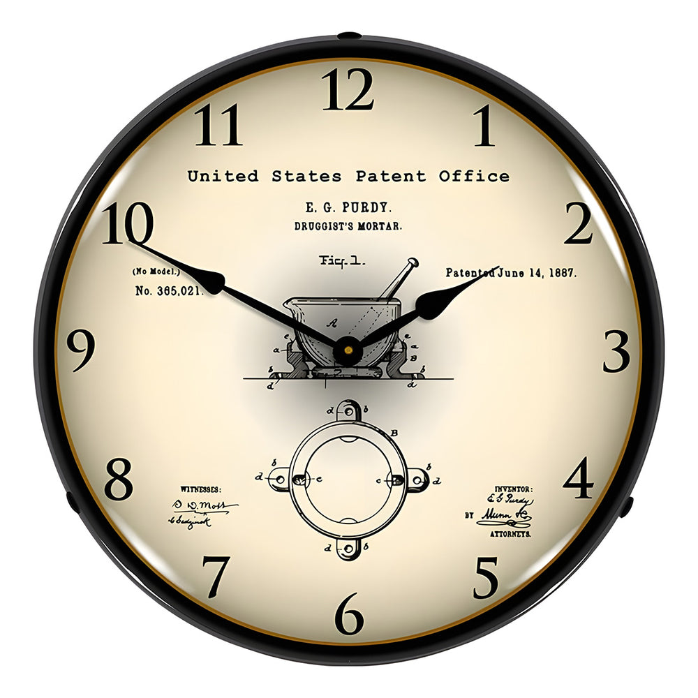Collectable Sign and Clock 1887 Pharmacist Mortar Patent Blueprint Backlit Wall Clock-22041308-Garage Giant