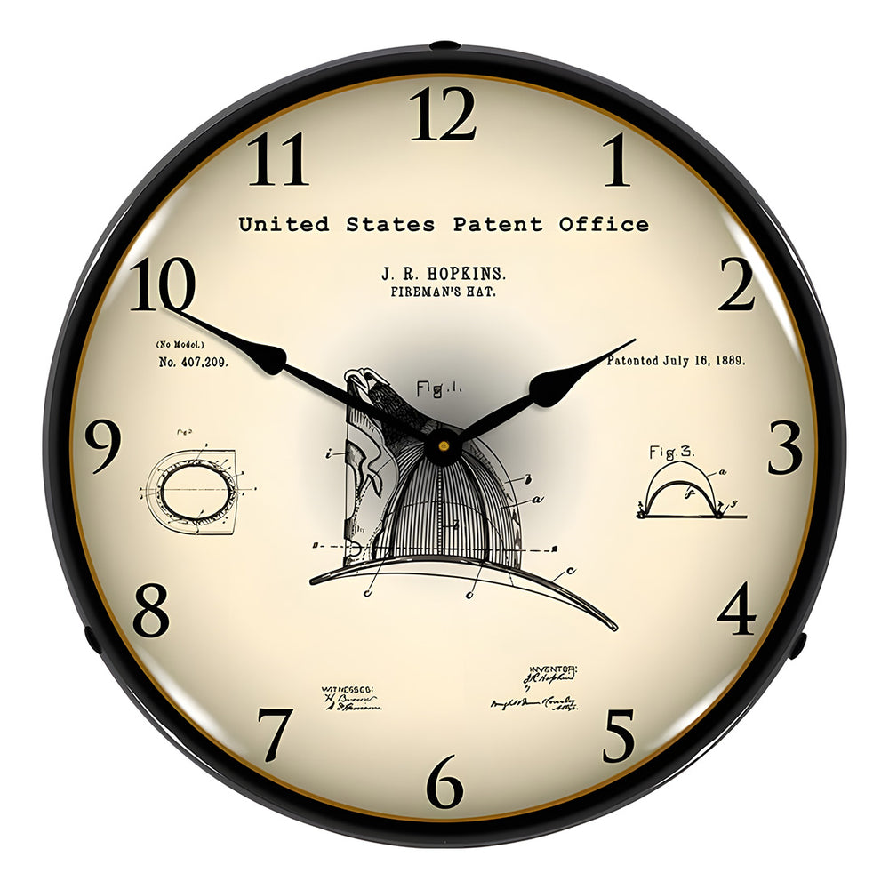 Collectable Sign and Clock 1889 Hopkins Firemans Hat Patent Blueprint Backlit Wall Clock-22041309-Garage Giant