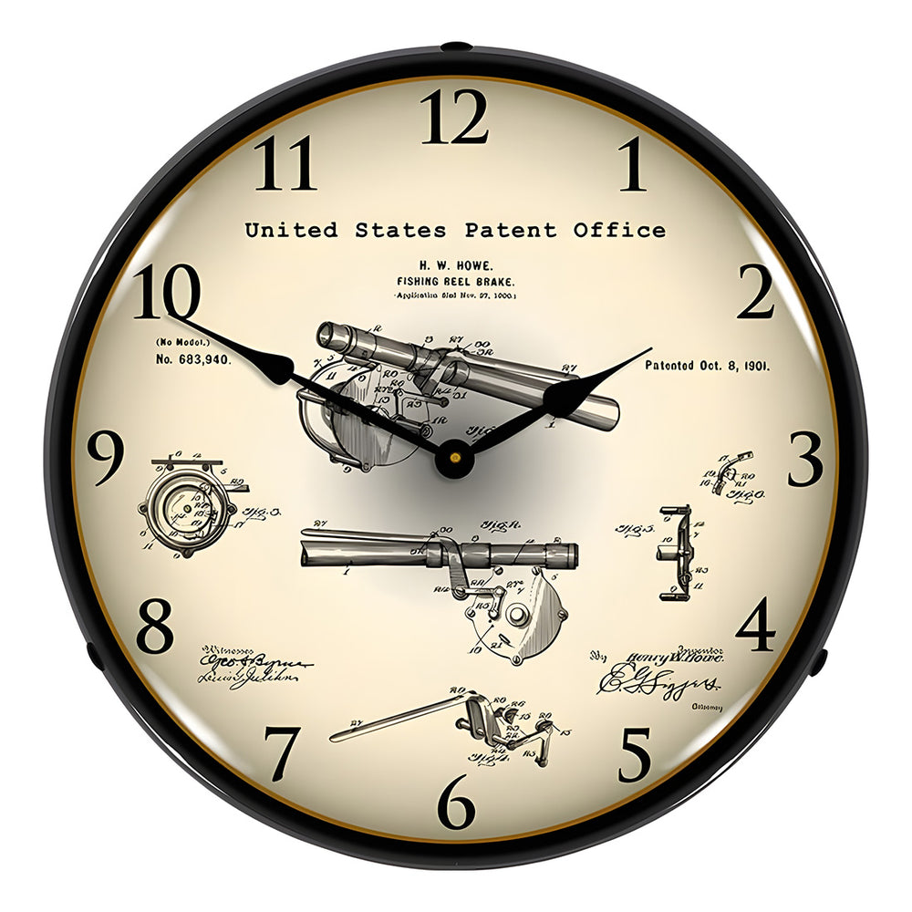 Collectable Sign and Clock 1901 Antique Fishing Reel Brake Patent Blueprint Backlit Wall Clock-22041312-Garage Giant