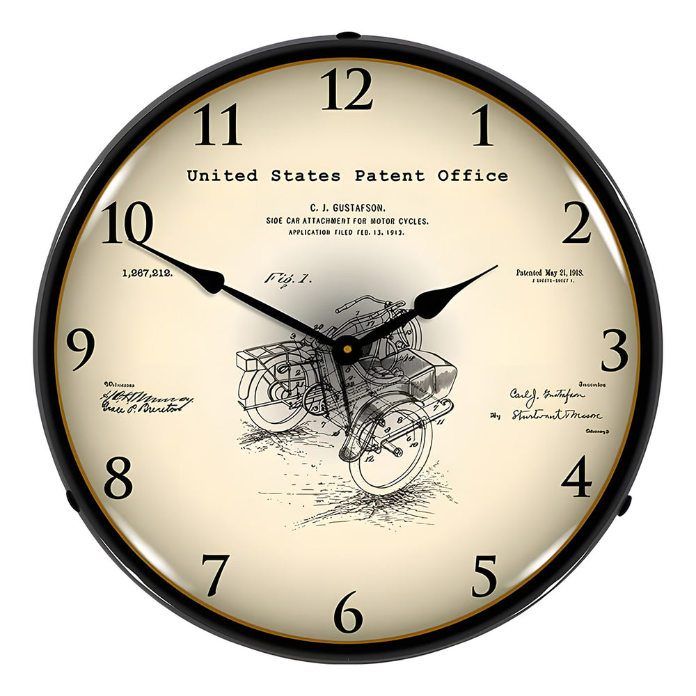 Collectable Sign and Clock 1913 Motorcycle Side Car Patent Blueprint Backlit Wall Clock-22041316-Garage Giant