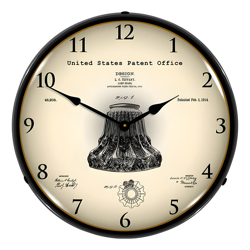 Collectable Sign and Clock 1914 Louis Comfort Tiffany Lamp Shade Patent Blueprint Backlit Wall Clock-22041317-Garage Giant