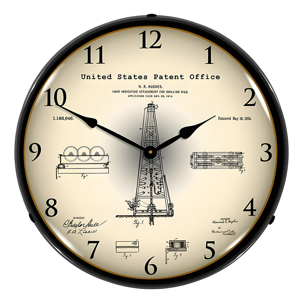 Collectable Sign and Clock 1916 Howard Hughes Oil Drilling Rig Patent Blueprint Backlit Wall Clock-22041318-Garage Giant